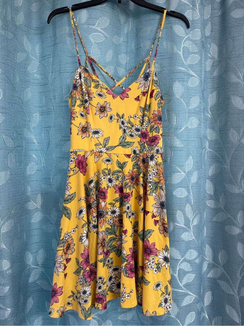 Yellow Floral Spaghetti-Strap Mini Dress with Crisscross Back